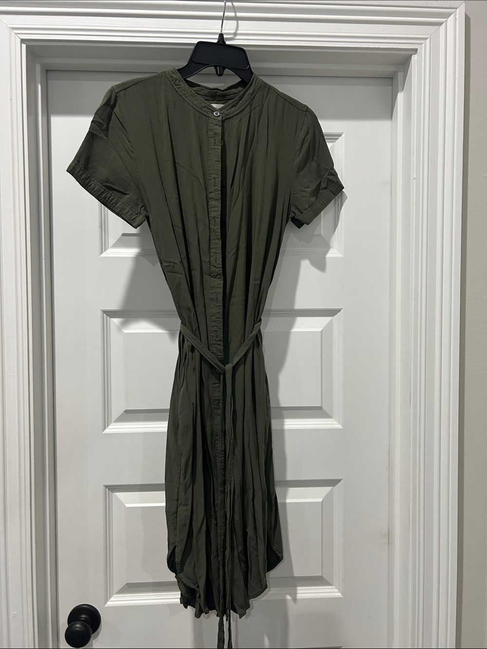 LOFT Olive Green Short-Sleeve Button Midi Dress with Tie Waist